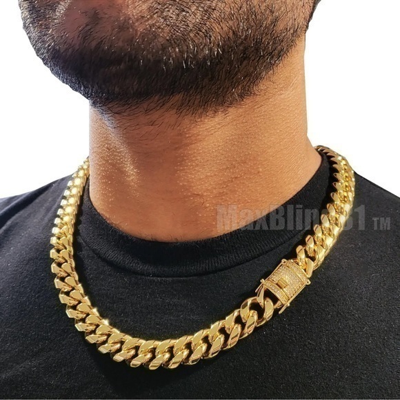 Hip Hop Gold Stainless Steel Miami Cuban 10mm 24”Chain Icy Necklace - Picture 1 of 4